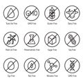 Warning icons for products. Signs inform about the absence of sugar, gluten, preservatives, dairy products. GMO free.